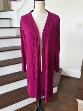 J. Jill Wearever Ribbed Raspberry Pink Red Long Line Duster Cardigan Minimalist